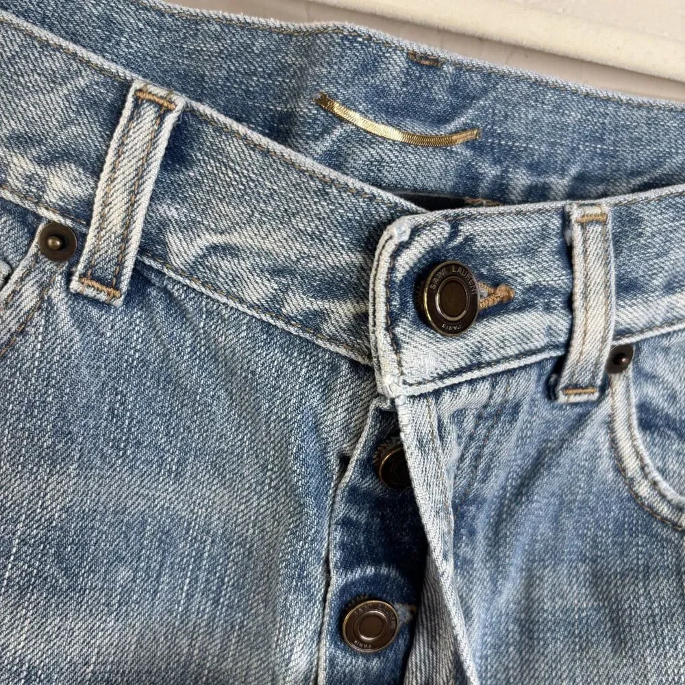 Saint Laurent Denim Long Cut Off Shorts